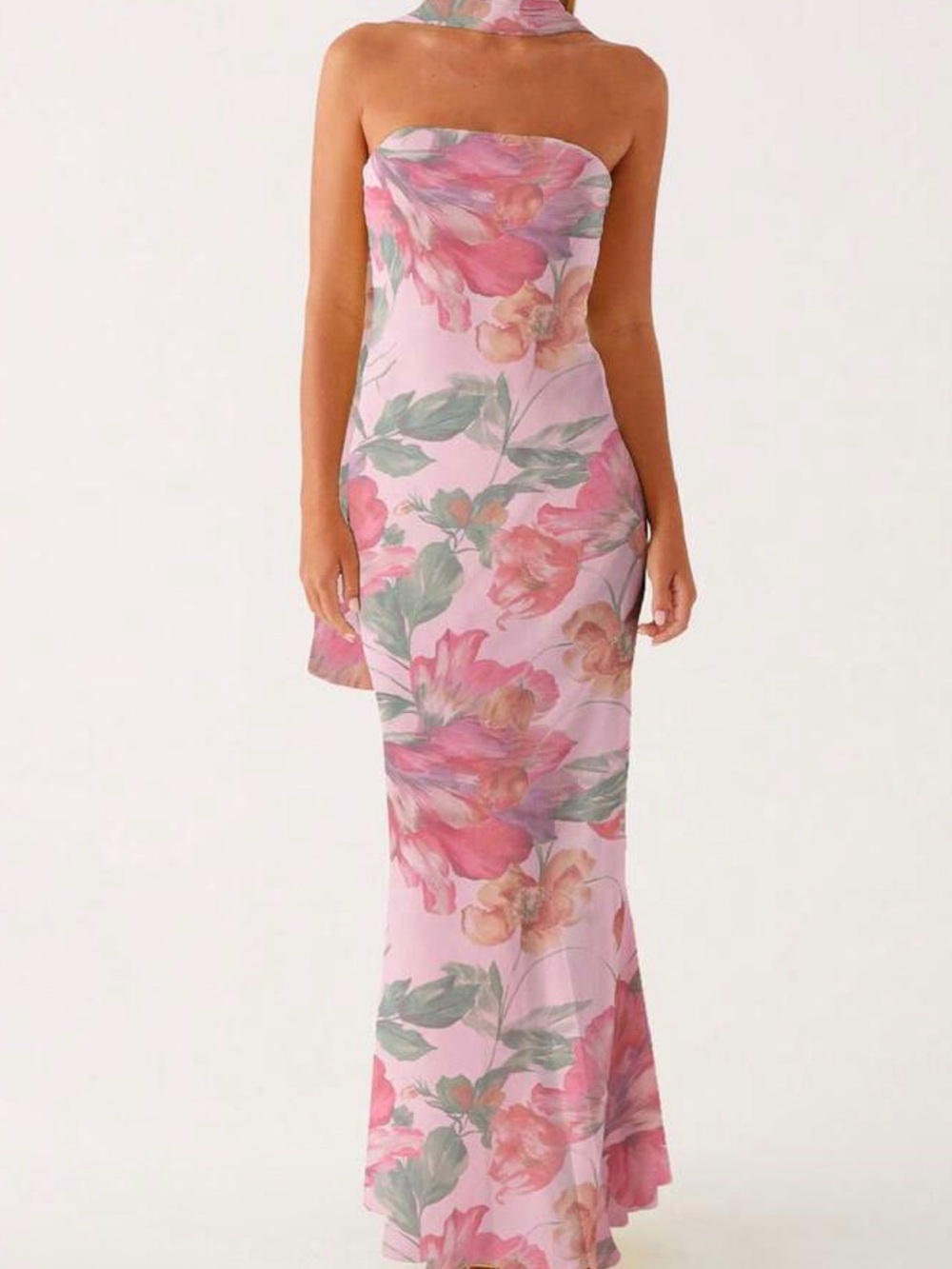 Strapless Pink Floral Maxi Dress